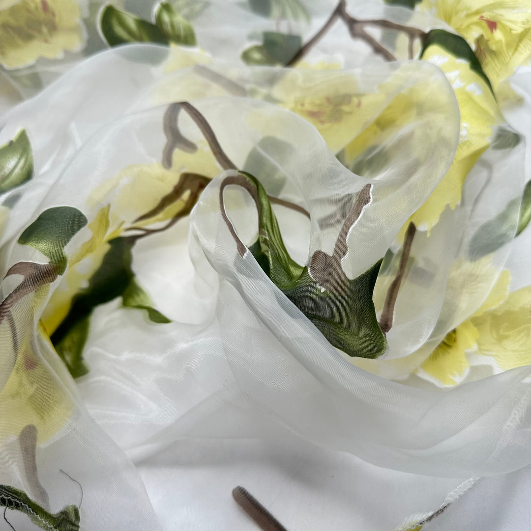 The Secret Garden - Organza Poly Woven - Yellow Multi Floral - 1M Bundle