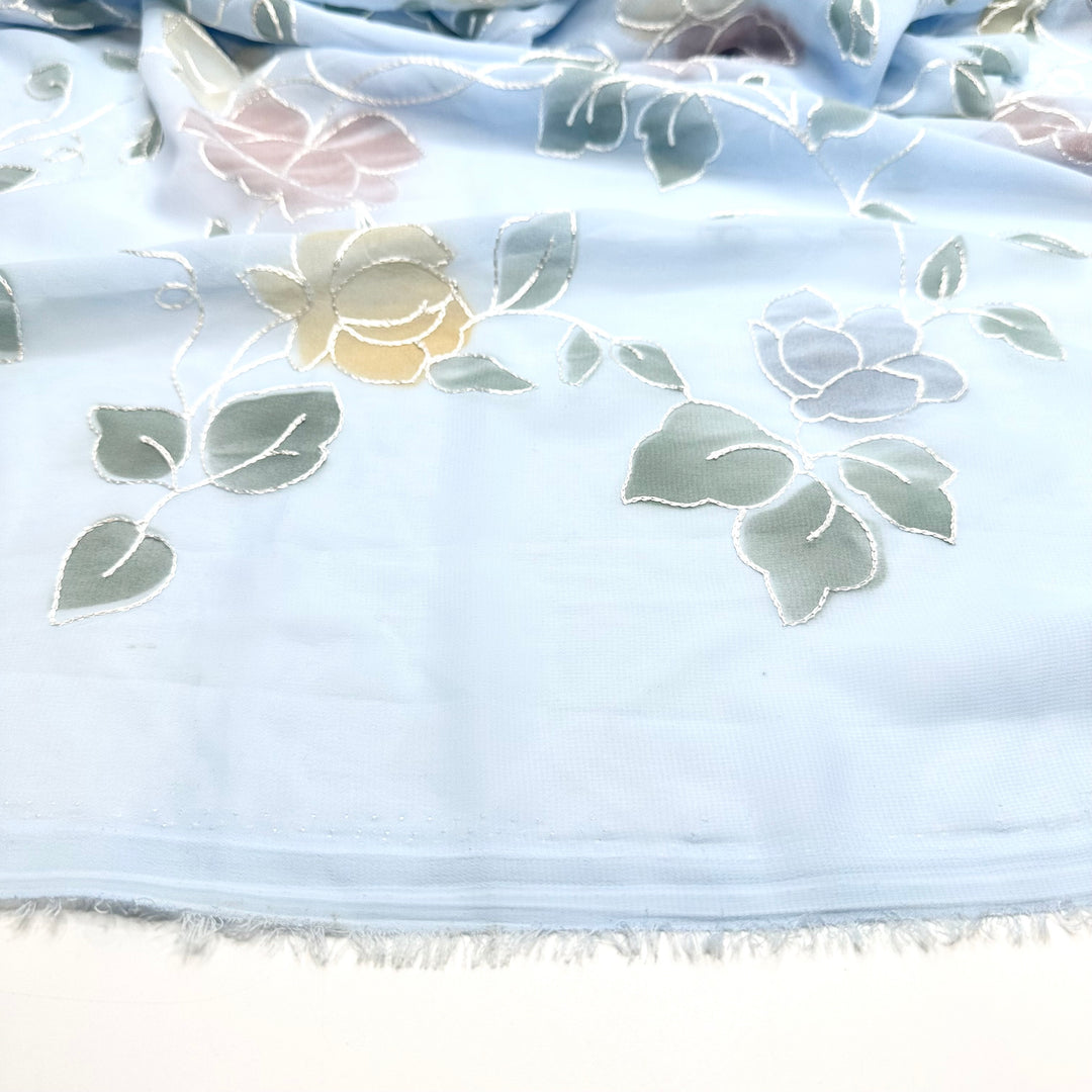 Leaf It Alone - Embroidered Chiffon Poly Woven - Light Blue Multi Floral - 0.6M Bundle