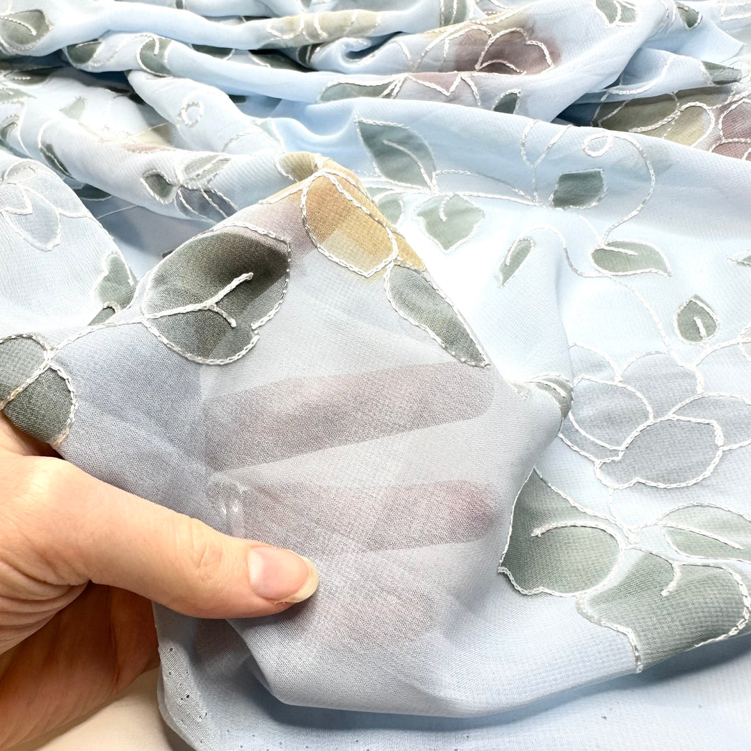 Leaf It Alone - Embroidered Chiffon Poly Woven - Light Blue Multi Floral - 0.6M Bundle