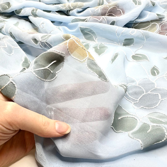 Leaf It Alone - Embroidered Chiffon Poly Woven - Light Blue Multi Floral - 0.6M Bundle