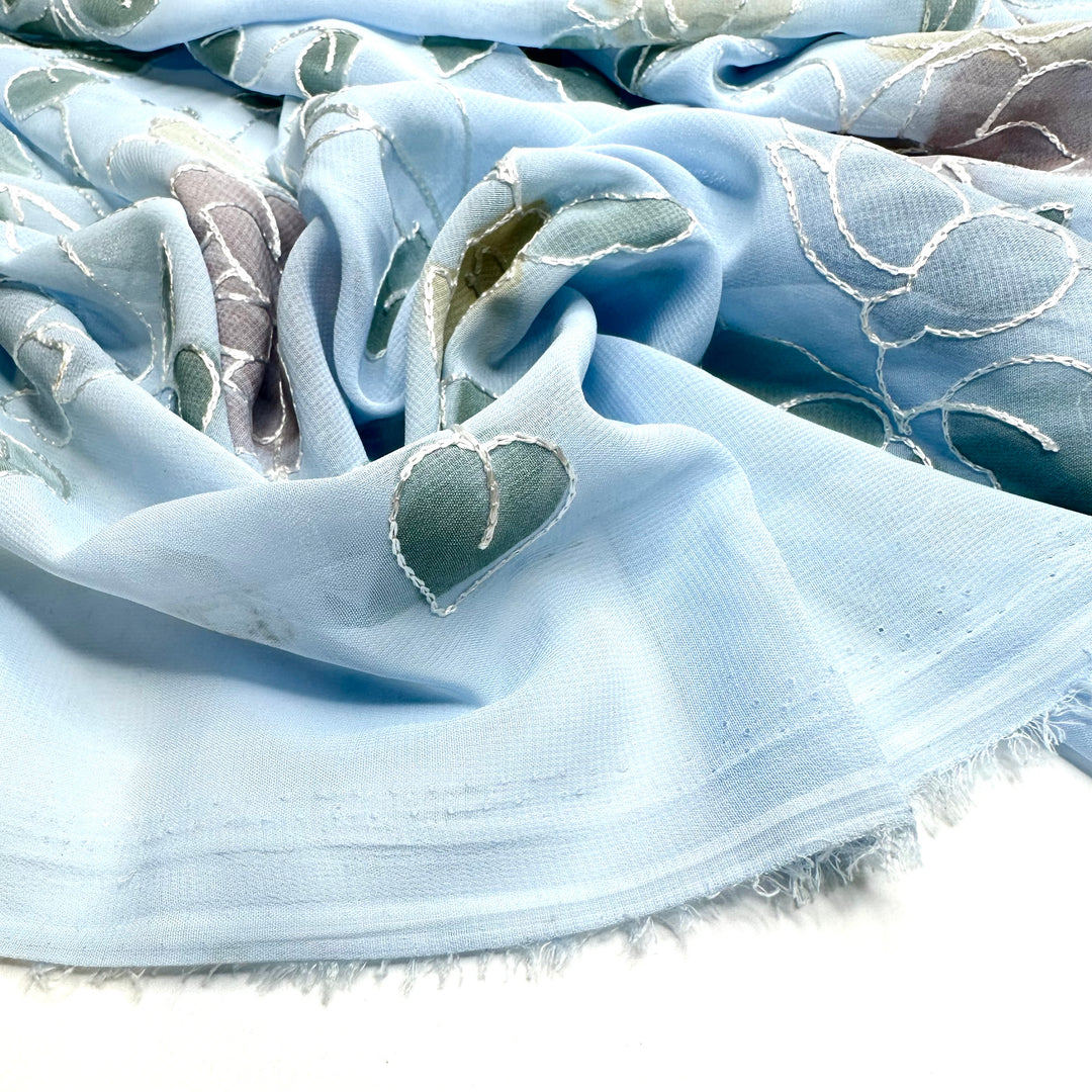 Leaf It Alone - Embroidered Chiffon Poly Woven - Light Blue Multi Floral - 0.6M Bundle