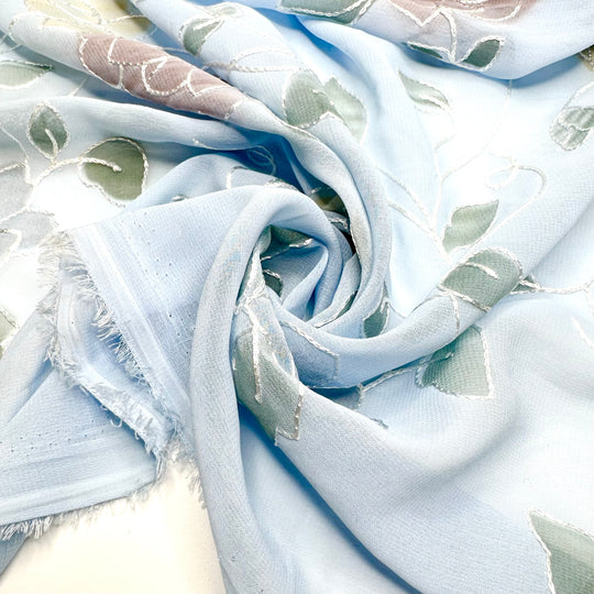 Leaf It Alone - Embroidered Chiffon Poly Woven - Light Blue Multi Floral - 0.6M Bundle