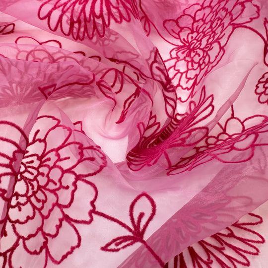 Dahlia Clarity - Flocked Organza Poly Woven - Pink Floral - 1.4M Bundle