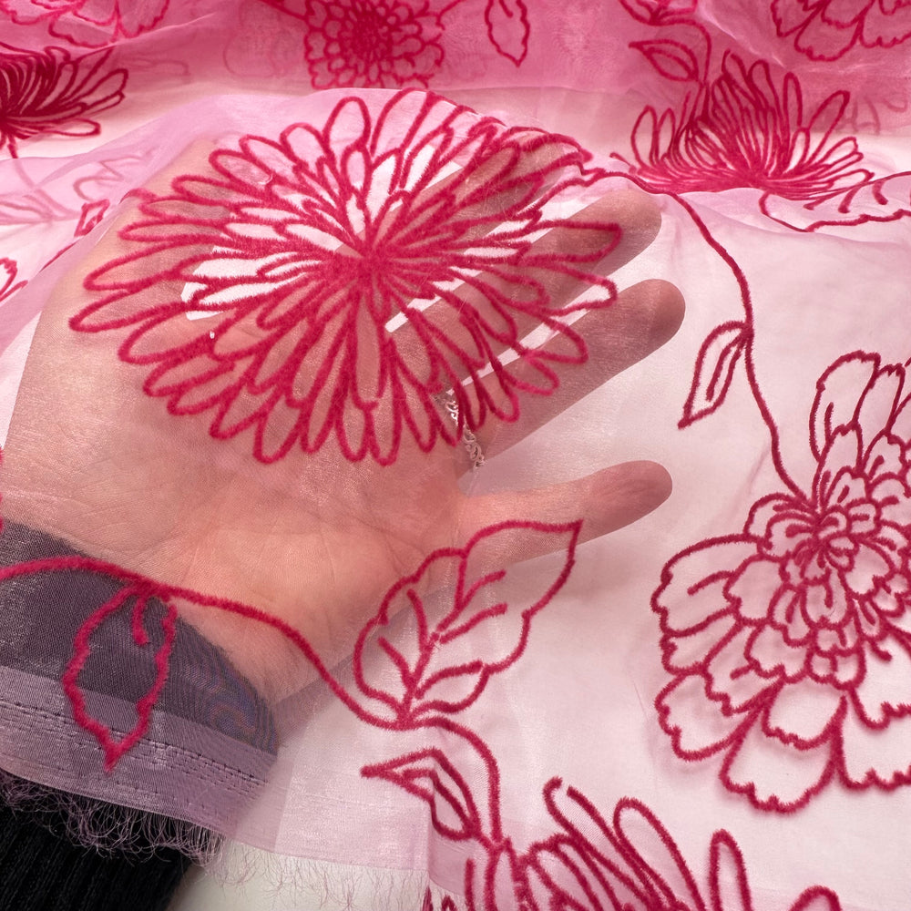 Dahlia Clarity - Flocked Organza Poly Woven - Pink Floral - 1.4M Bundle