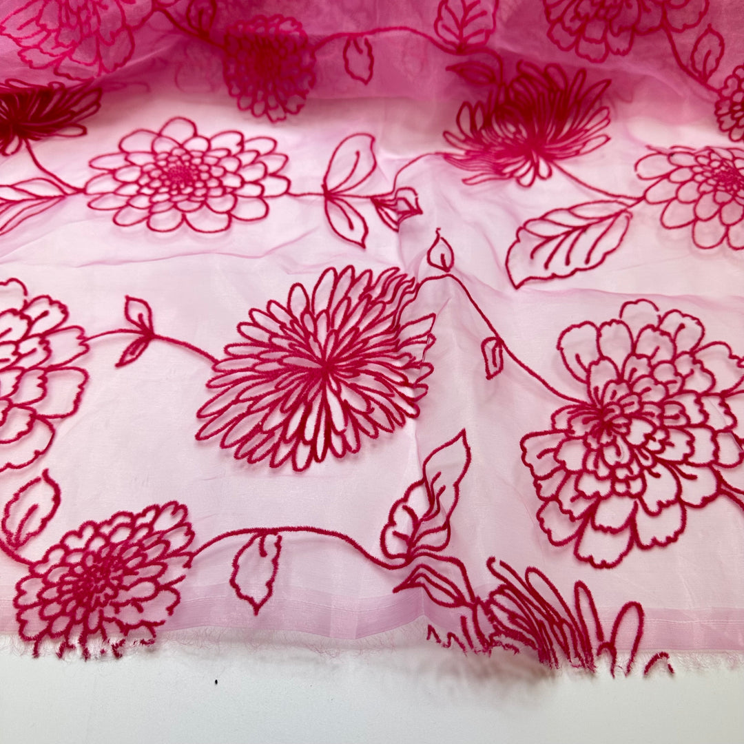 Dahlia Clarity - Flocked Organza Poly Woven - Pink Floral - 1.4M Bundle