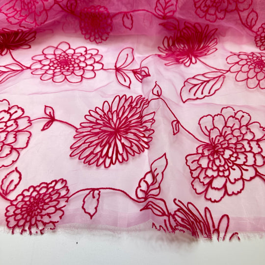 Dahlia Clarity - Flocked Organza Poly Woven - Pink Floral - 1.4M Bundle