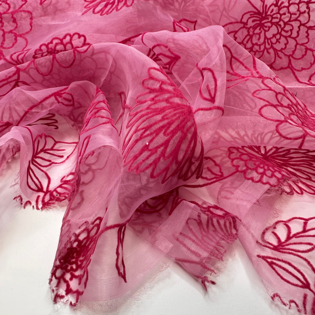 Dahlia Clarity - Flocked Organza Poly Woven - Pink Floral - 1.4M Bundle