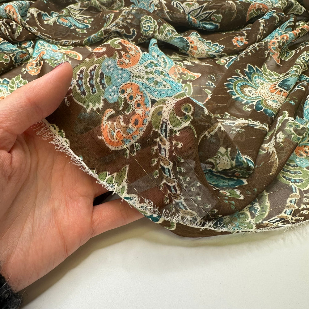 All The Bells And Whistles - Glitter Chiffon Poly Woven - Brown Multi Paisley - 1.9M Bundle