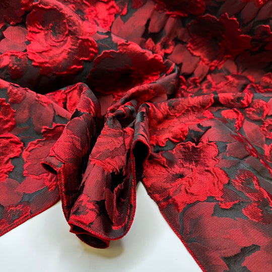 Passionate Sonata - Jacquard Poly Woven - Black/Red Floral - 1M Bundle