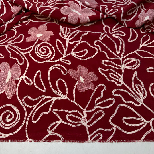Reading Little Red Riding Hood - Crepe Poly Woven - Burgundy/White Floral - 1.6M Bundle