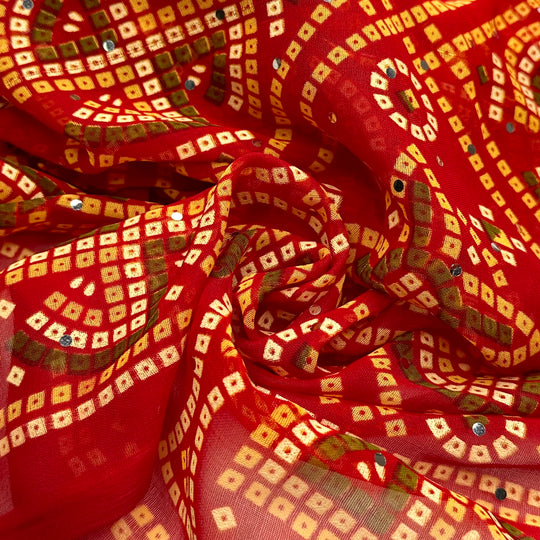 UB - Mosaic Tiles - Sequins Chiffon Poly Woven - Red Multi Geometric Border - 4.6M Bundle