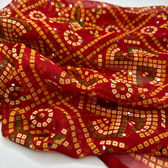 UB - Mosaic Tiles - Sequins Chiffon Poly Woven - Red Multi Geometric Border - 4.6M Bundle