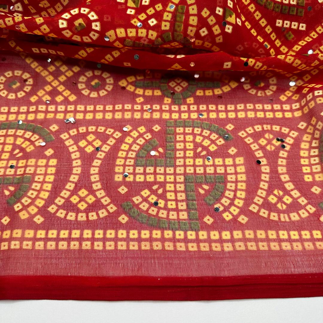 UB - Mosaic Tiles - Sequins Chiffon Poly Woven - Red Multi Geometric Border - 4.6M Bundle
