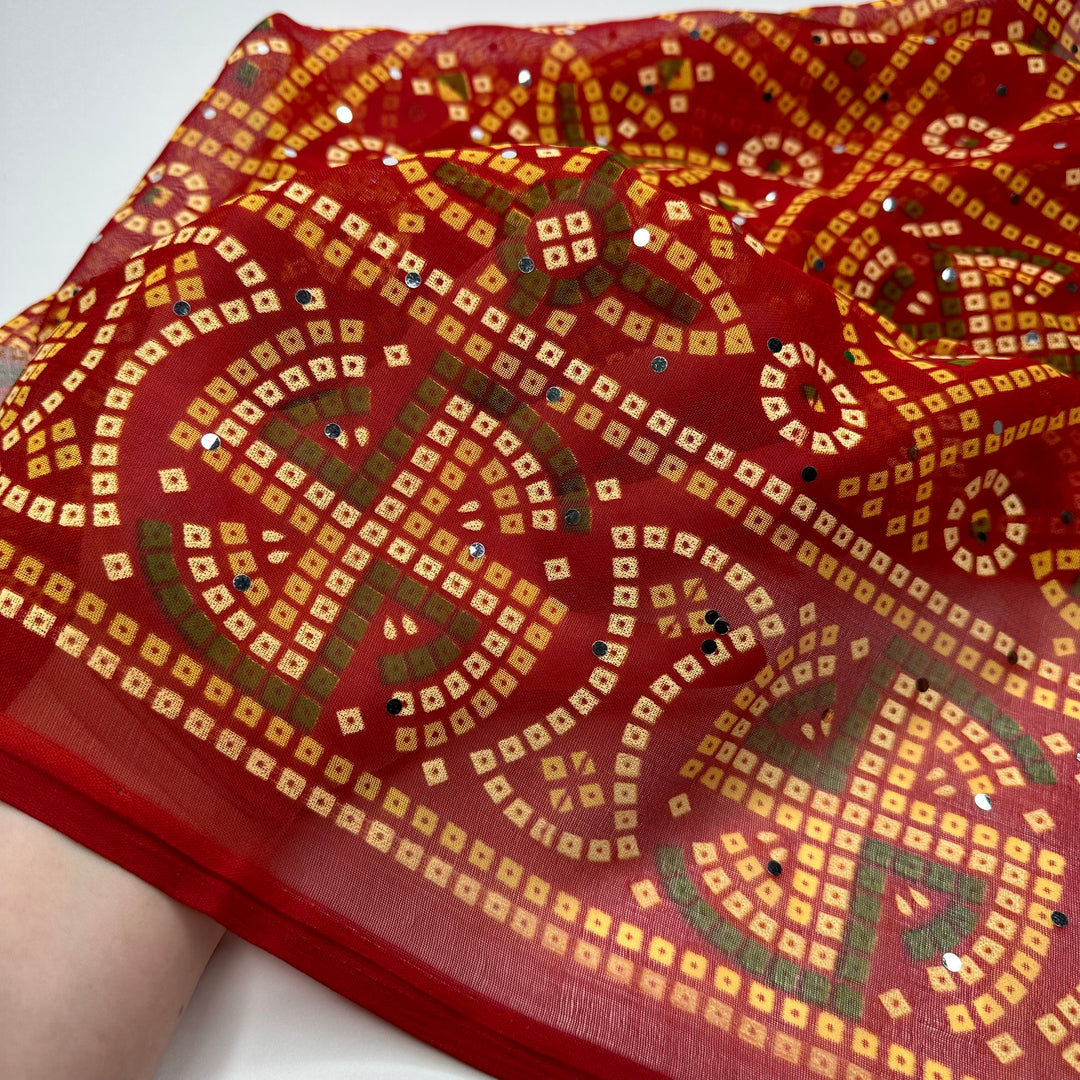 UB - Mosaic Tiles - Sequins Chiffon Poly Woven - Red Multi Geometric Border - 4.6M Bundle