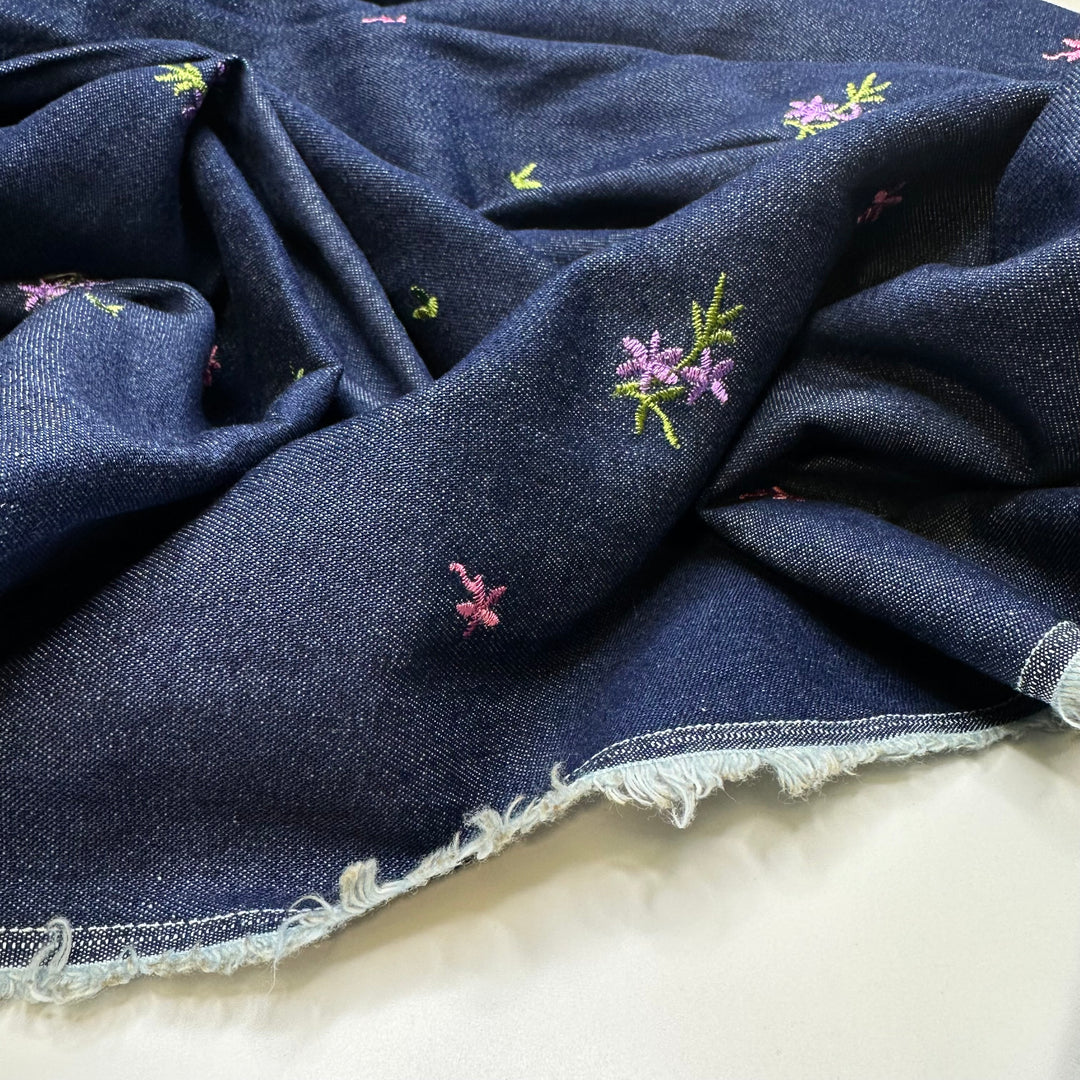 Blissful Bites - Embroidered Denim Cotton Woven - Navy Multi Floral - 1.55M Bundle