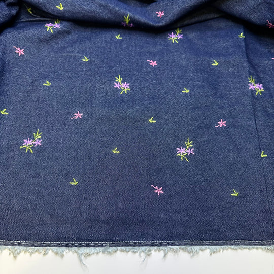 Blissful Bites - Embroidered Denim Cotton Woven - Navy Multi Floral - 1.55M Bundle