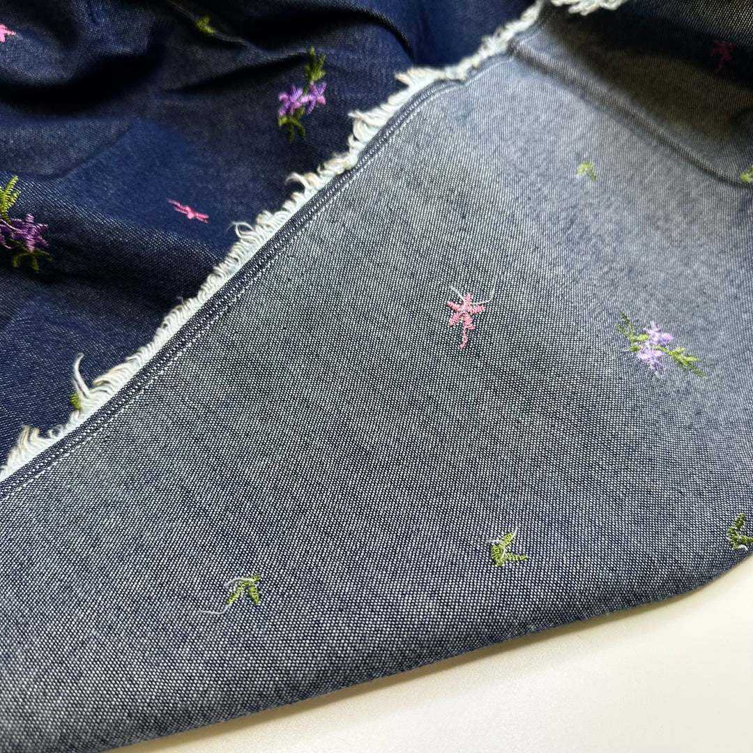 Blissful Bites - Embroidered Denim Cotton Woven - Navy Multi Floral - 1.55M Bundle