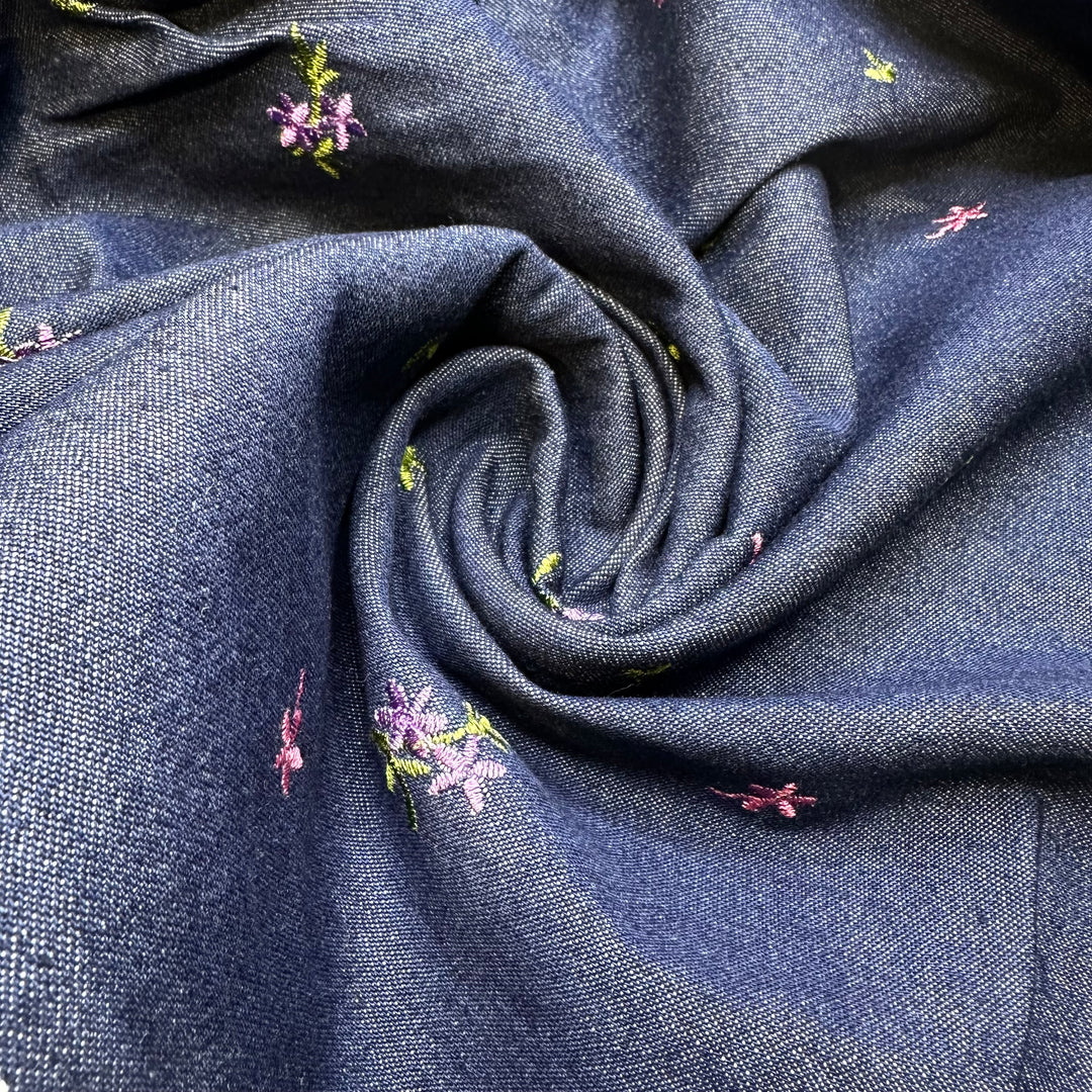 Blissful Bites - Embroidered Denim Cotton Woven - Navy Multi Floral - 1.55M Bundle