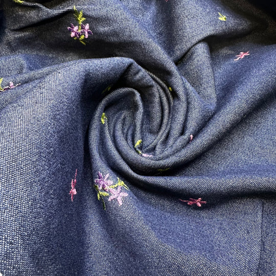 Blissful Bites - Embroidered Denim Cotton Woven - Navy Multi Floral - 1.55M Bundle