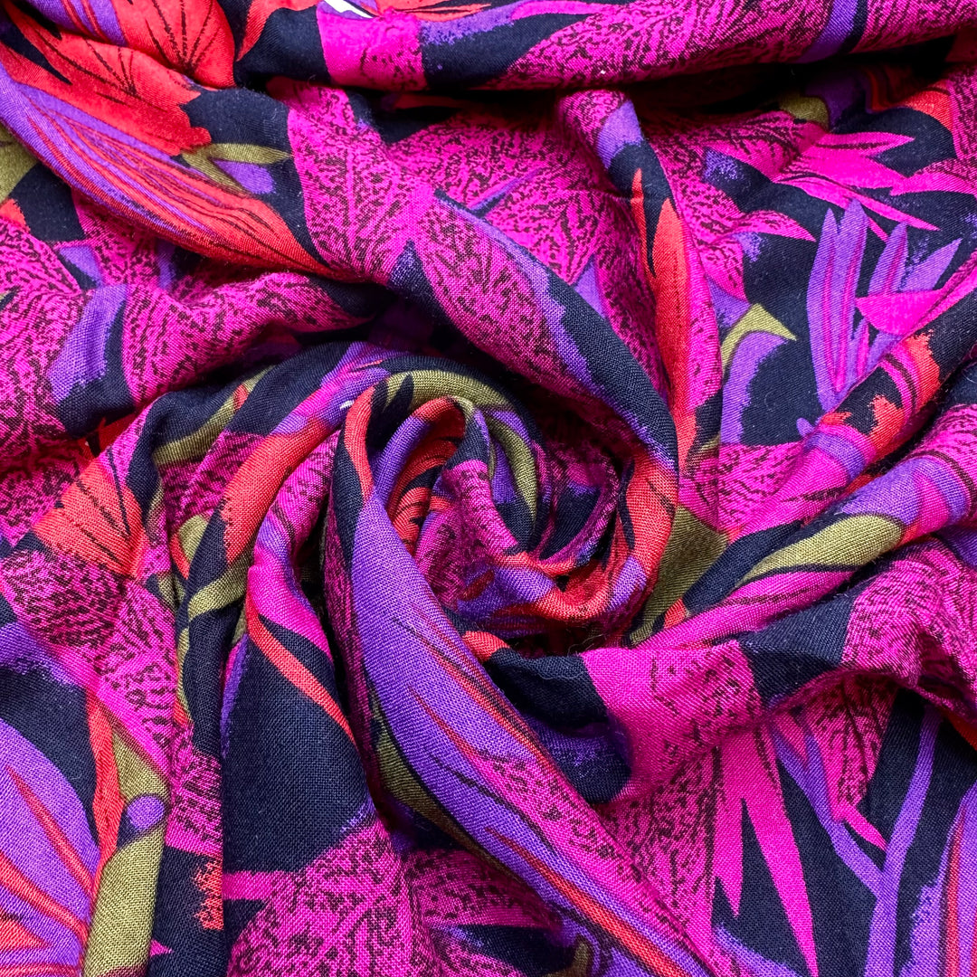 Bioluminescent Tropical Garden - Rayon Woven - Pink Multi Tropical Floral - 2M Bundle