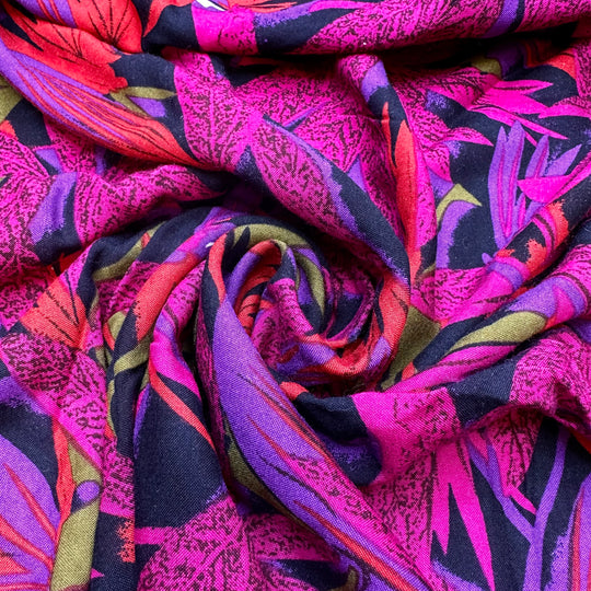 Bioluminescent Tropical Garden - Rayon Woven - Pink Multi Tropical Floral - 2M Bundle