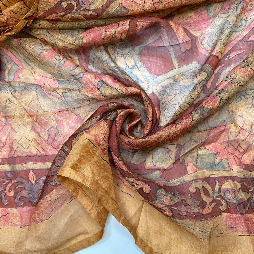 Memory Of An Elephant - Chiffon Silk Woven - Beige/Brown Geometric With Elephant Border Border - 5.25M Bundle