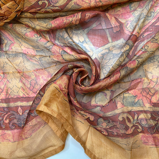 Memory Of An Elephant - Chiffon Silk Woven - Beige/Brown Geometric With Elephant Border Border - 5.25M Bundle