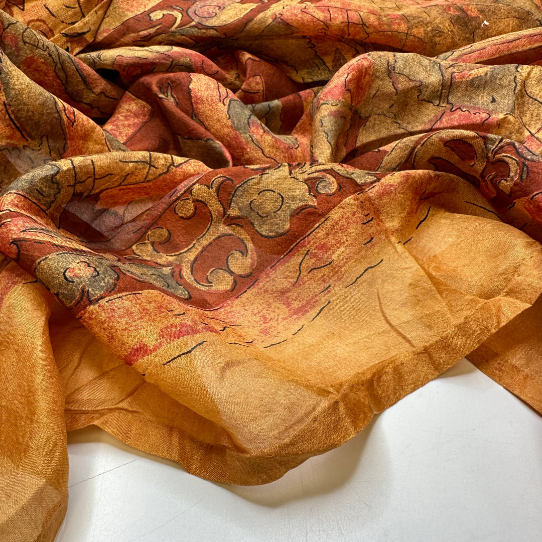 Memory Of An Elephant - Chiffon Silk Woven - Beige/Brown Geometric With Elephant Border Border - 5.25M Bundle