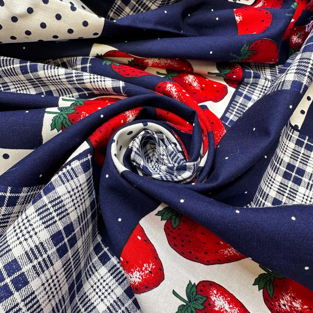 UB - Picnic In The Park Every Day - Cotton/Poly Woven - Navy Multi Strawberry Plaid - 2M Bundle