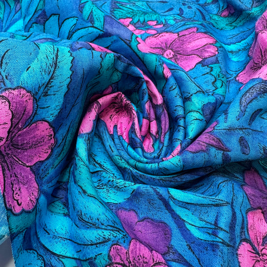 Hibiscus Palms - Cotton Woven - Blue/Pink Floral - 2.05M Bundle
