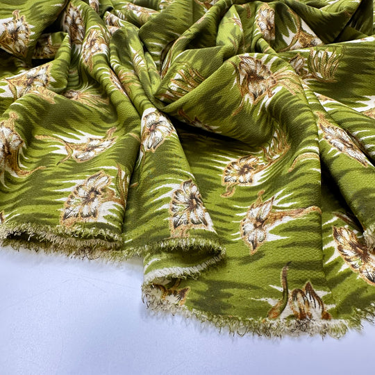 Field Of Flowers At Sunset - Glitter Crepe Polyester Blend Woven - Green Multi Floral - 2.35M Bundle