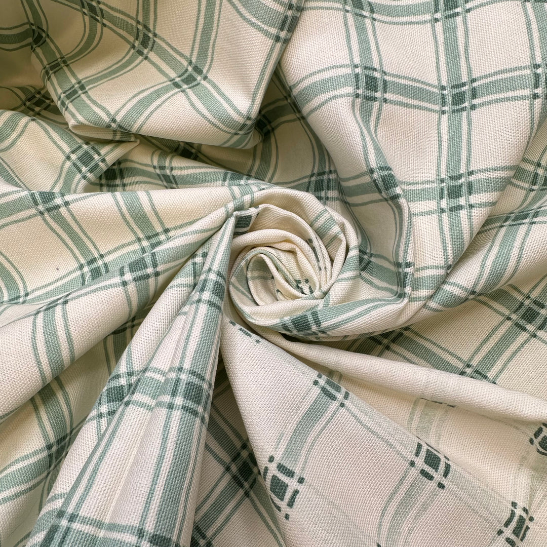 Euphorbia Characias - Screen Printed Cotton Woven - Light Cream/Green Plaid - 1M Bundle