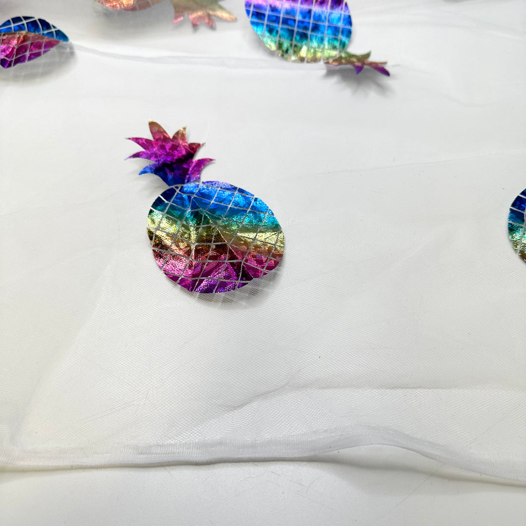UB - Tropical Disco - Metallic Tulle Poly Woven - White Multi Pineapples - 1.4M Bundle