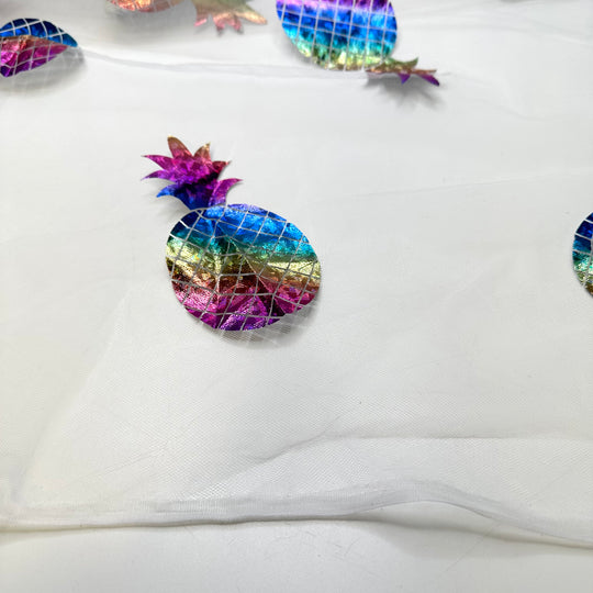UB - Tropical Disco - Metallic Tulle Poly Woven - White Multi Pineapples - 1.4M Bundle