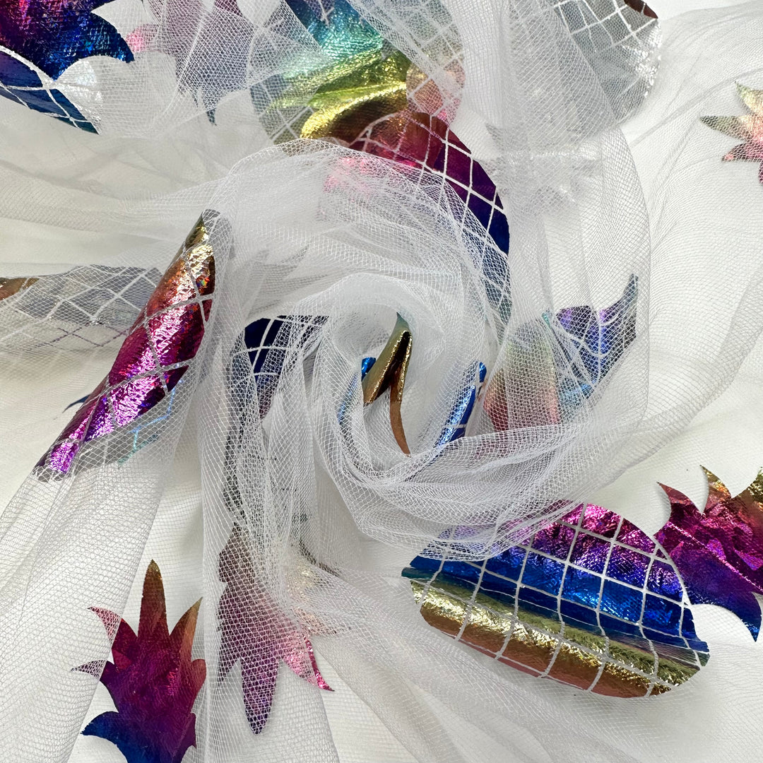 UB - Tropical Disco - Metallic Tulle Poly Woven - White Multi Pineapples - 1.4M Bundle