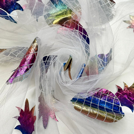 UB - Tropical Disco - Metallic Tulle Poly Woven - White Multi Pineapples - 1.4M Bundle