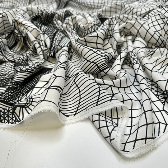 Digital Garden - Crepe Poly Woven - White/Black Geometric Floral - Bundles