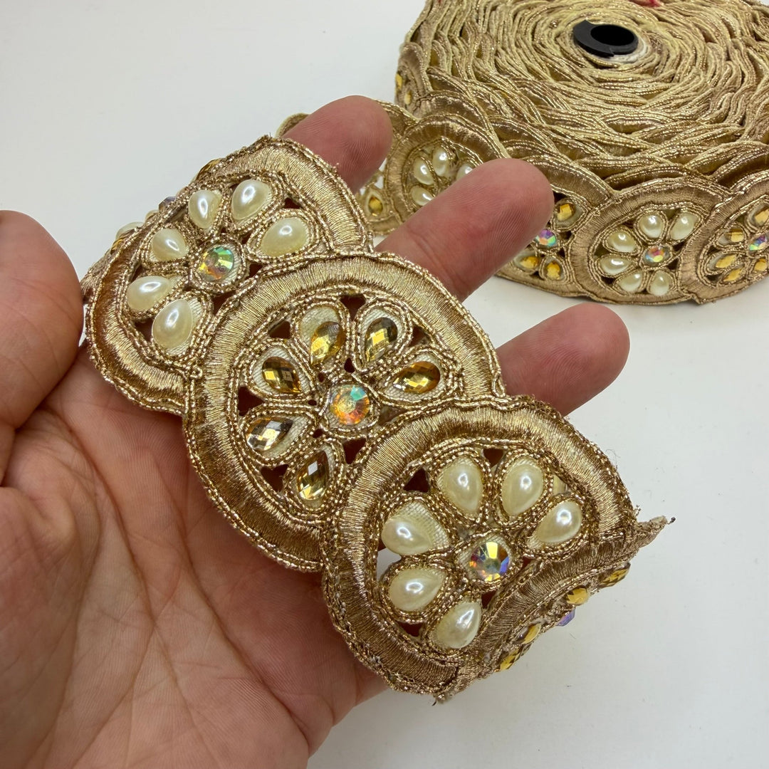 2" (51mm) Beaded Tape Trim - Gold/Cream - 6.8M Bundle - True Deadstock supplies Fabric by private - Sustainable Textile | FABCYCLE