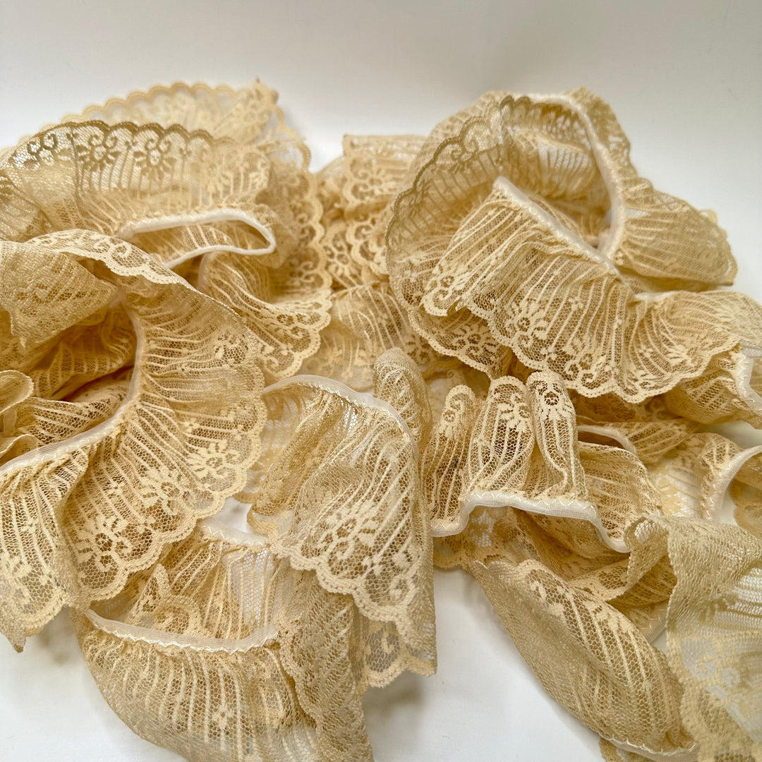 2 ½" (64mm) Vintage Ruffled Mesh Lace Trim - Light Beige - 5.8M Bundle - True Deadstock supplies Fabric by private - Sustainable Textile | FABCYCLE