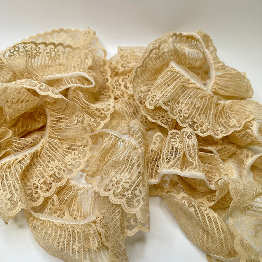 2 ½" (64mm) Vintage Ruffled Mesh Lace Trim - Light Beige - 5.8M Bundle - True Deadstock supplies Fabric by private - Sustainable Textile | FABCYCLE