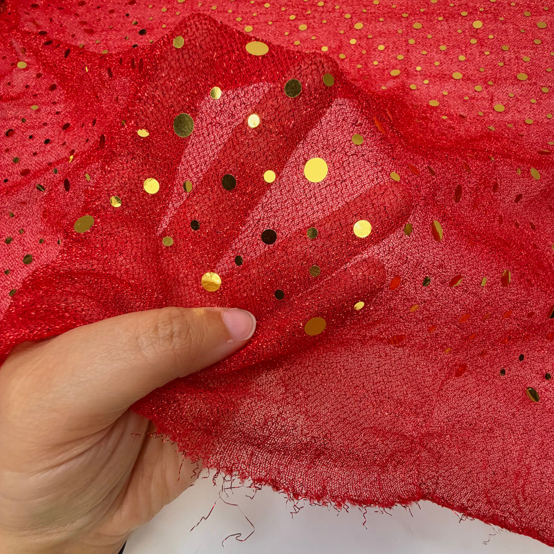 Weirdly Elegant - Metallic Mesh Polyester Blend Knit - Red/Gold Polka Dots - 3M Bundle