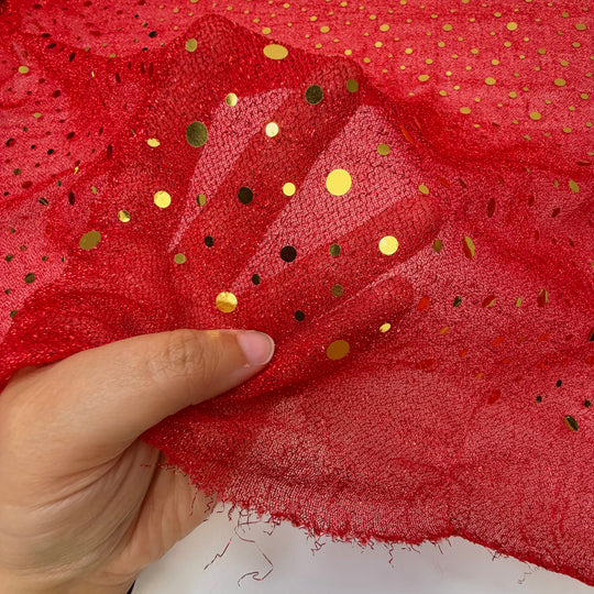 Weirdly Elegant - Metallic Mesh Polyester Blend Knit - Red/Gold Polka Dots - 3M Bundle