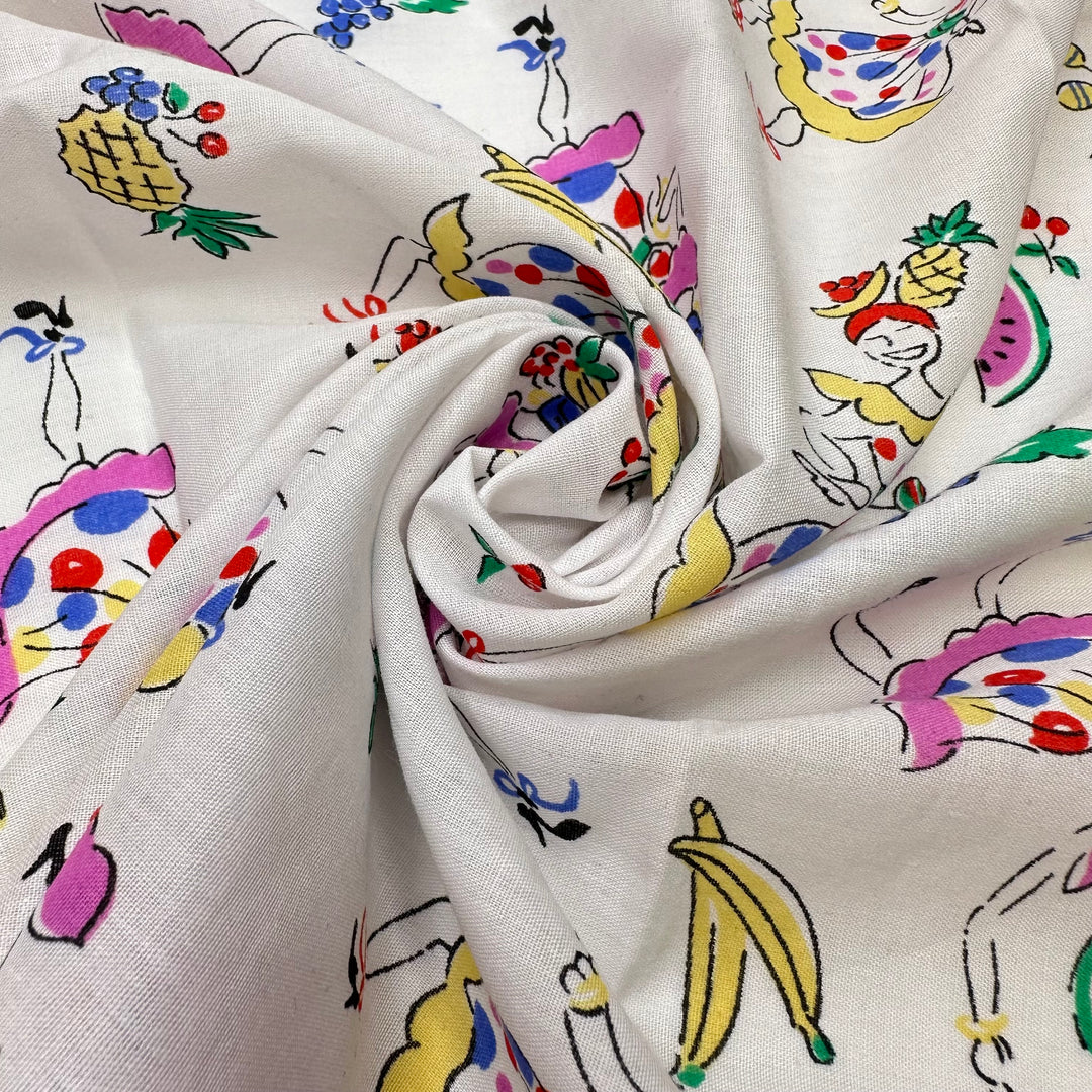 UB - Chickita Banana - Vintage Cotton Woven - White Multi Dancing Girl And Fruit - 0.8M Bundle