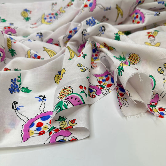 UB - Chickita Banana - Vintage Cotton Woven - White Multi Dancing Girl And Fruit - 0.8M Bundle