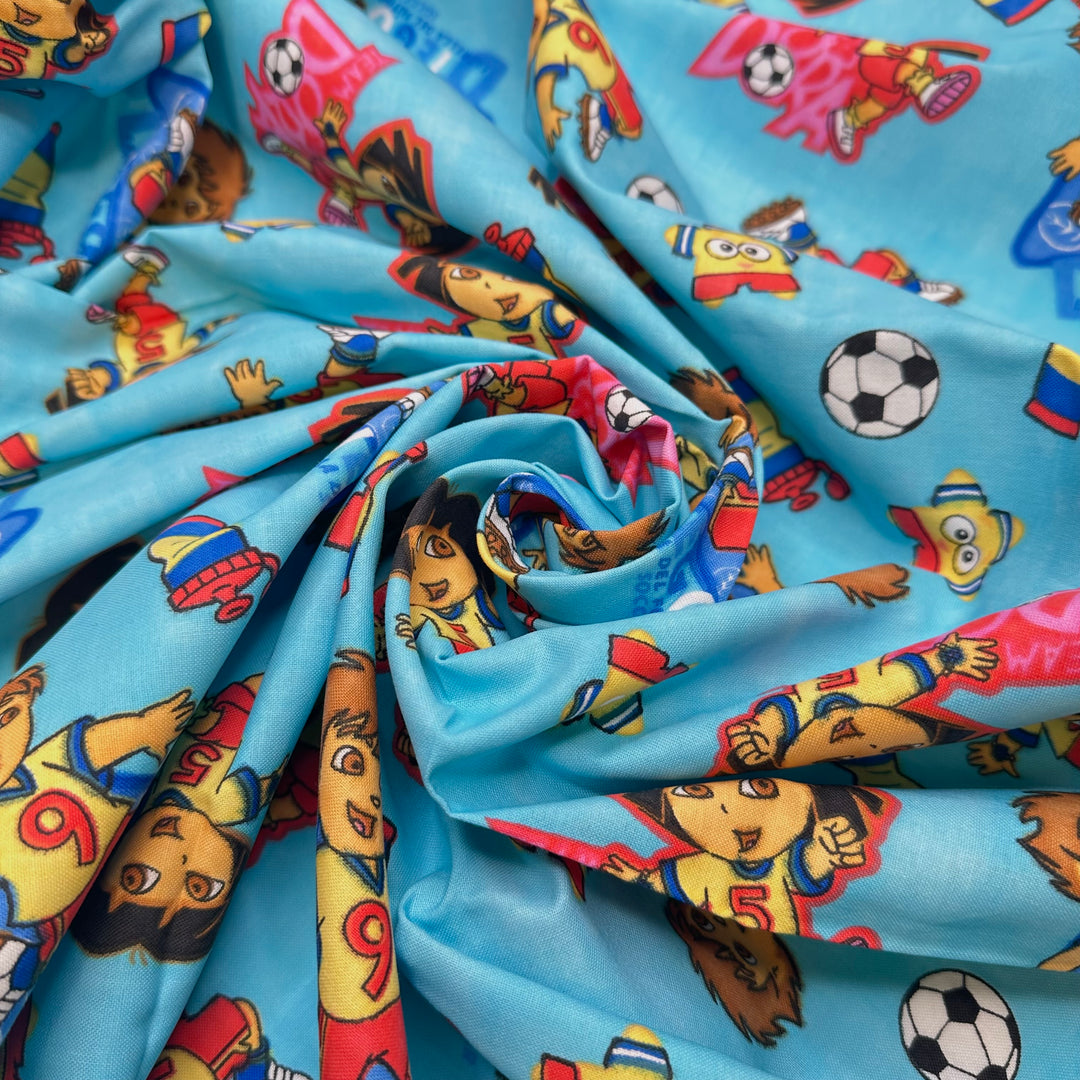 Keeping The Kids Entertained - Fire Retardent Cotton Woven - Light Blue Multi Dora And Diego - 2.15M Bundle