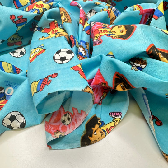 Keeping The Kids Entertained - Fire Retardent Cotton Woven - Light Blue Multi Dora And Diego - 2.15M Bundle