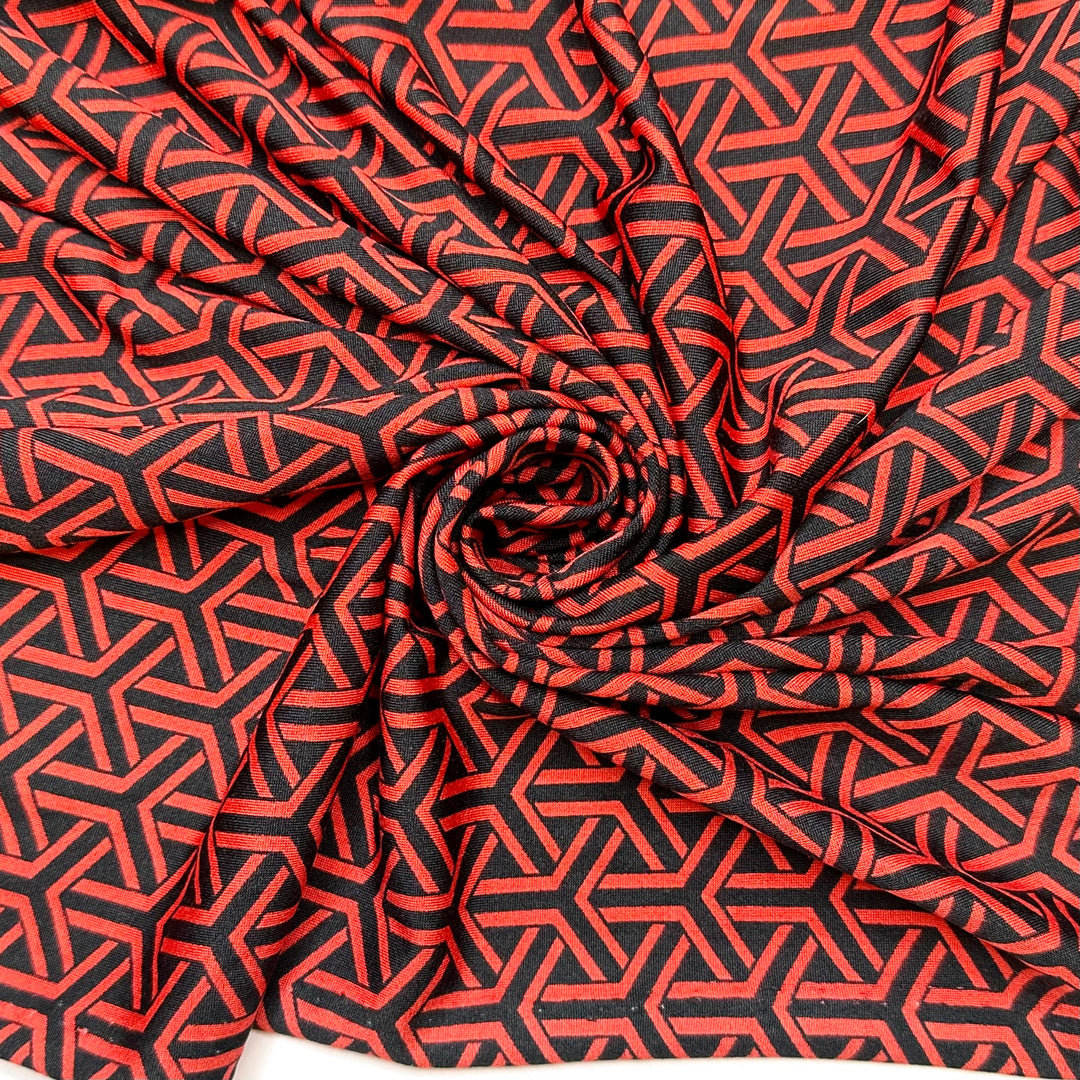 Confusion Illusion - Jersey Polyester Blend Knit - Red/Black Geometric - 2M Bundle