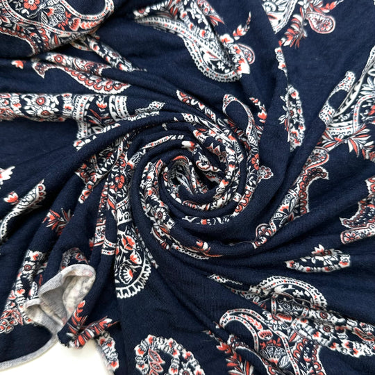 Paisley Makes The Girls Go Crazy - Jersey Cotton Blend Knit - Navy Multi Paisley - 2M Bundle