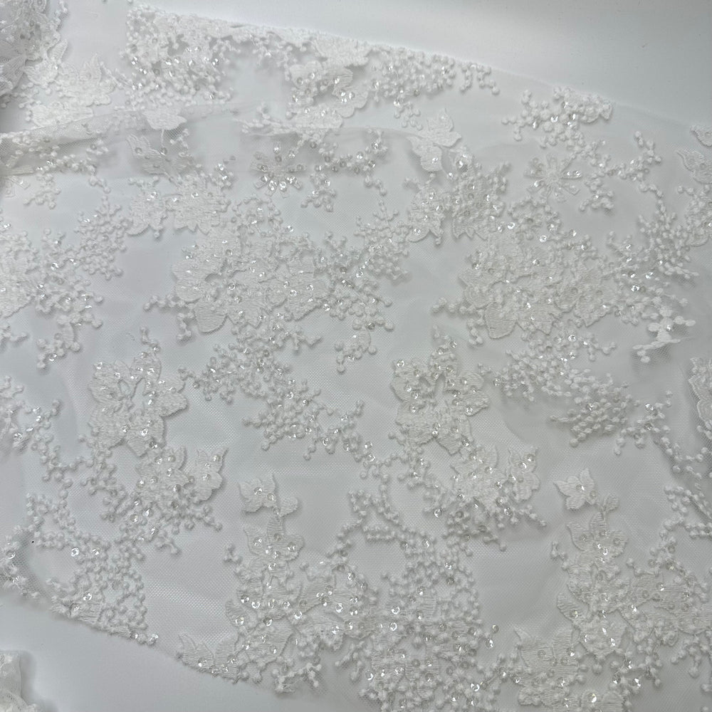 Meshing Of Family - Sequins Lace Poly Knit - Off White Floral - 0.3M Bundle