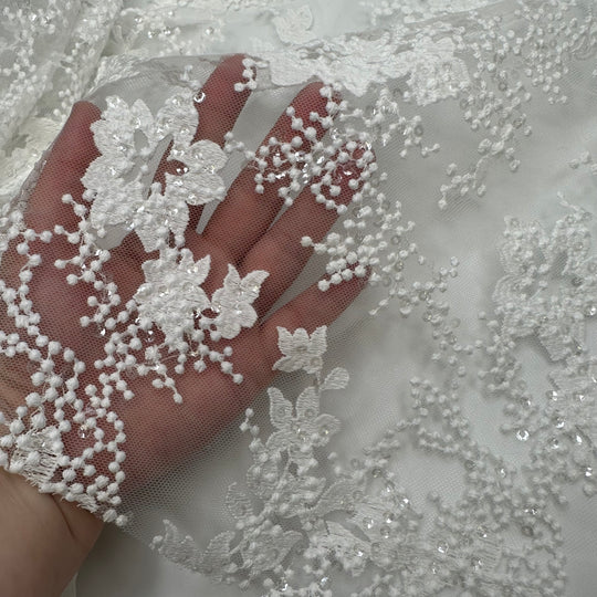 Meshing Of Family - Sequins Lace Poly Knit - Off White Floral - 0.3M Bundle